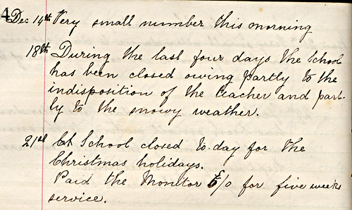 Dunstable School logbook records snowy weather 1874